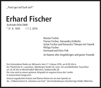 Traueranzeige von Erhard Fischer von Süddeutsche Zeitung