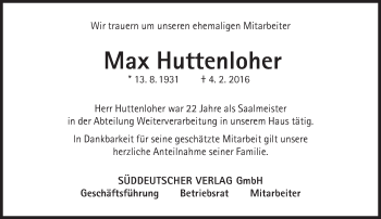 Traueranzeige von Max Huttenloher von Süddeutsche Zeitung
