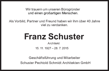 Traueranzeige von Franz Schuster von Süddeutsche Zeitung