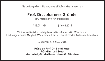 Traueranzeige von Prof. Dr. theol. Johannes Gründel von Süddeutsche Zeitung