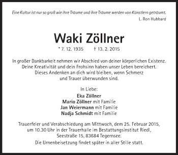 Traueranzeige von Waki Zöllner von Süddeutsche Zeitung