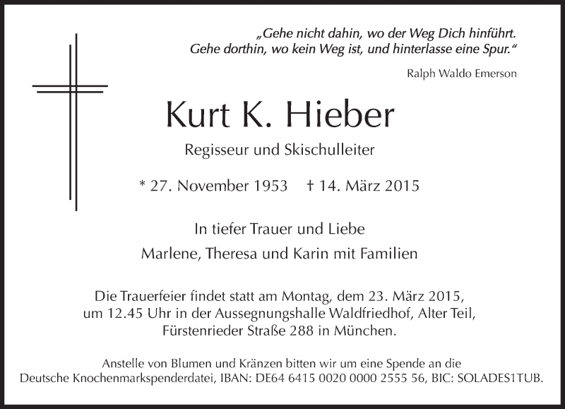  Traueranzeige für Kurt K. Hieber vom 19.03.2015 aus Süddeutsche Zeitung