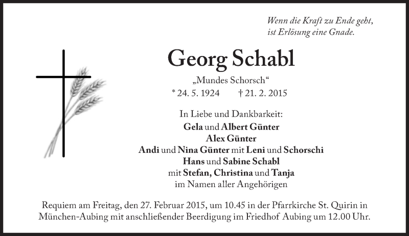  Traueranzeige für Georg Schabl  vom 25.02.2015 aus Süddeutsche Zeitung
