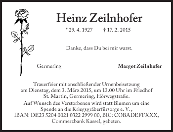 Traueranzeige von Heinz Zeilnhofer von Süddeutsche Zeitung