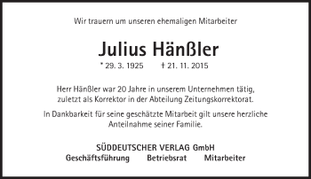 Traueranzeige von Julius Hänßler von Süddeutsche Zeitung