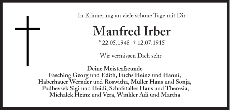  Traueranzeige für Manfred Irber vom 17.07.2015 aus Süddeutsche Zeitung