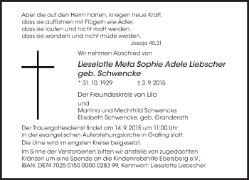 Traueranzeige von Lieselotte Meta Sophie Adele Liebscher  von Süddeutsche Zeitung