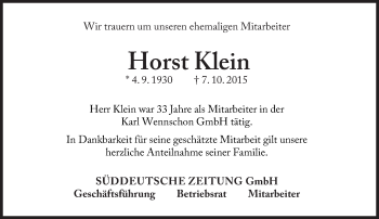 Traueranzeige von Horst Klein von Süddeutsche Zeitung