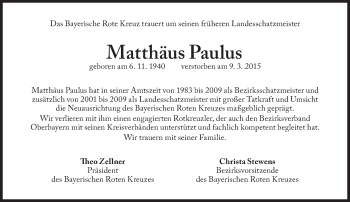 Traueranzeige von Matthäus Paulus von Süddeutsche Zeitung