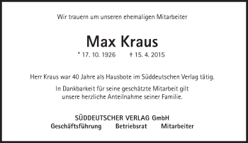 Traueranzeige von Max Kraus von Süddeutsche Zeitung