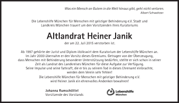 Traueranzeige von Heiner Janik von Süddeutsche Zeitung