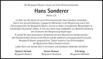 Traueranzeige von Hans Sonderer von Süddeutsche Zeitung