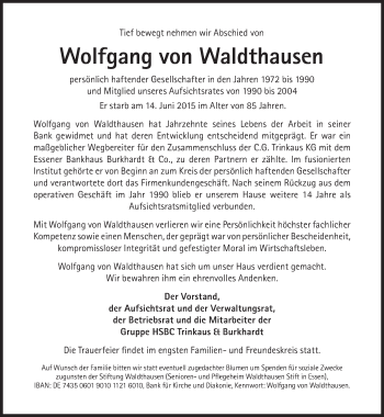 Traueranzeige von Wolfgang von Waldthausen von Süddeutsche Zeitung