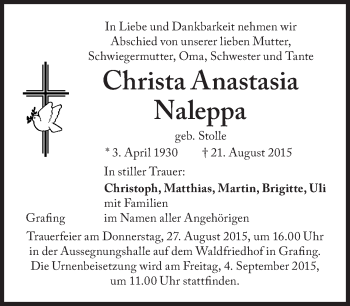 Traueranzeige von Christa Anastasia Naleppa von Süddeutsche Zeitung