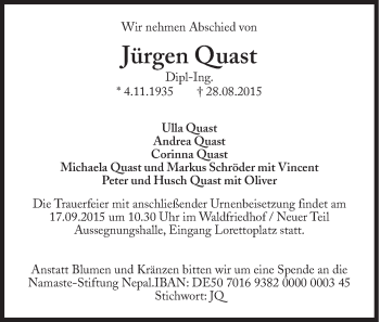 Traueranzeige von Jürgen Quast von Süddeutsche Zeitung