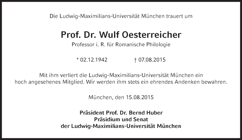  Traueranzeige für Prof. Dr. Wulf Oesterreicher vom 14.08.2015 aus Süddeutsche Zeitung