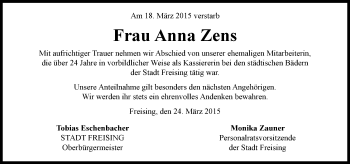 Traueranzeige von Anna Zens von Süddeutsche Zeitung