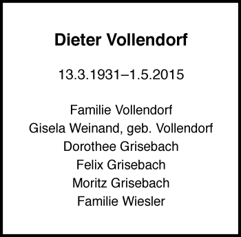 Traueranzeige von Dieter Vollendorf von Süddeutsche Zeitung
