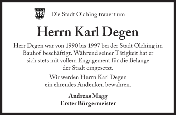 Traueranzeige von Karl Degen von Süddeutsche Zeitung
