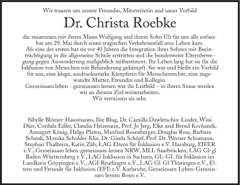 Traueranzeige von Christa Roebke von Süddeutsche Zeitung