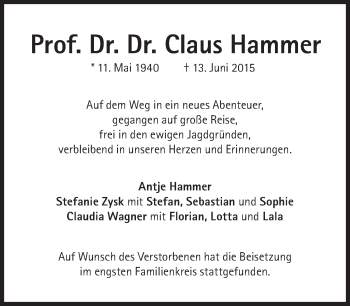 Traueranzeige von Claus Hammer von Süddeutsche Zeitung