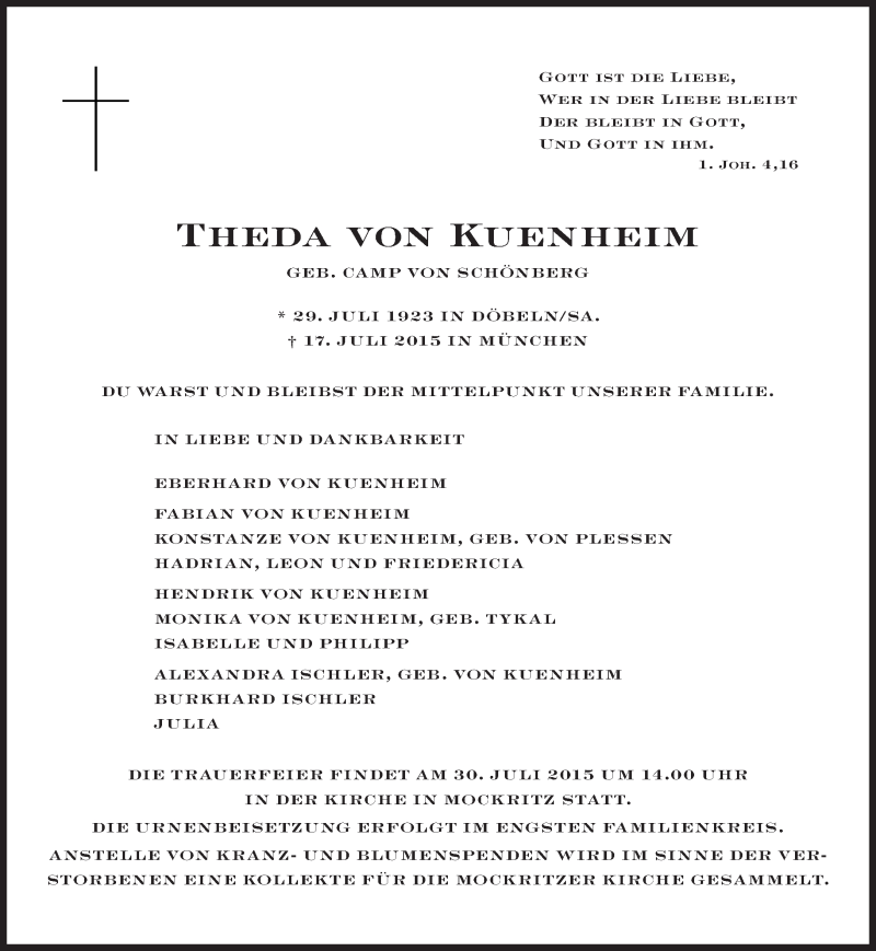  Traueranzeige für Theda von Kuenheim vom 25.07.2015 aus Süddeutsche Zeitung