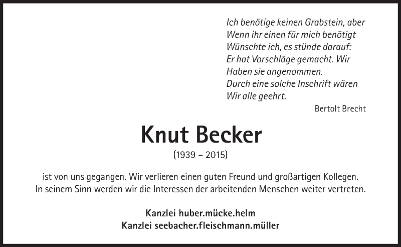  Traueranzeige für Knut Becker vom 01.08.2015 aus Süddeutsche Zeitung