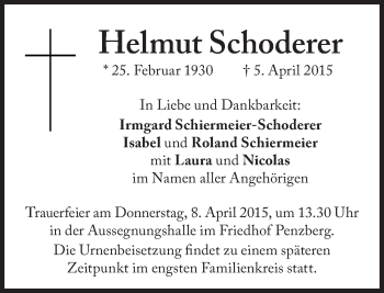 Traueranzeige von Helmut Schoderer von Süddeutsche Zeitung
