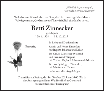 Traueranzeige von Betti Zinnecker von Süddeutsche Zeitung