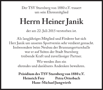 Traueranzeige von Heiner Janik von Süddeutsche Zeitung