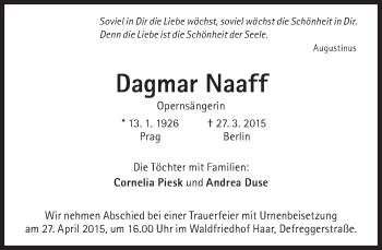Traueranzeige von Dagmar Naaff von Süddeutsche Zeitung