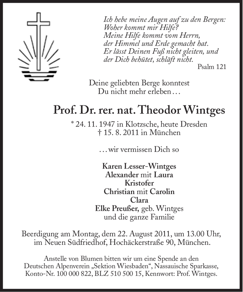  Traueranzeige für Theodor Wintges vom 19.08.2011 aus Süddeutsche Zeitung