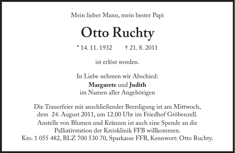  Traueranzeige für Otto Ruchty vom 23.08.2011 aus Süddeutsche Zeitung