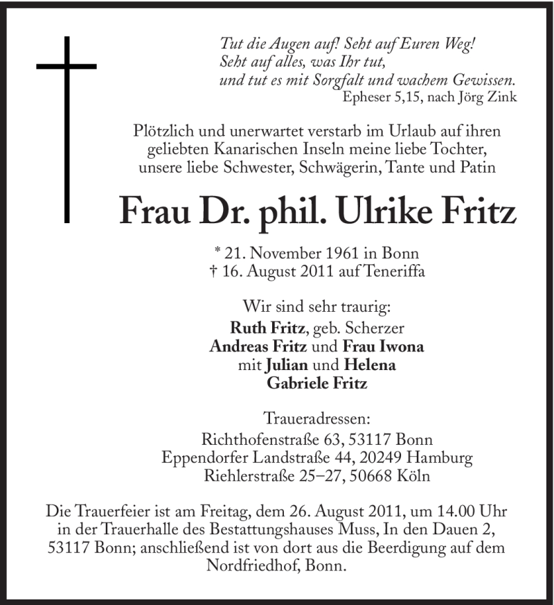  Traueranzeige für Fritz Ulrike vom 24.08.2011 aus Süddeutsche Zeitung