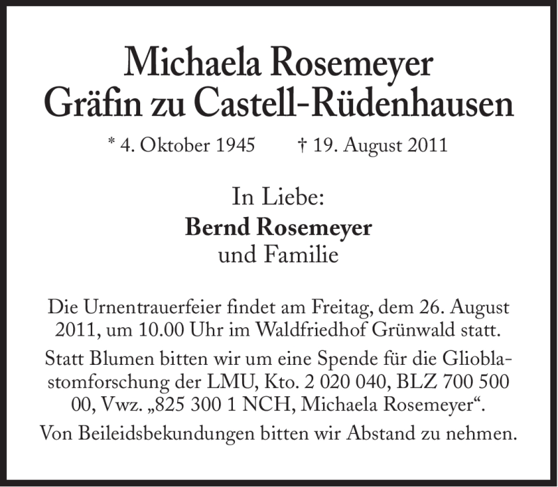  Traueranzeige für Michaela Rosemeyer Gräfin zu Castell-Rüdenhausen vom 24.08.2011 aus Süddeutsche Zeitung