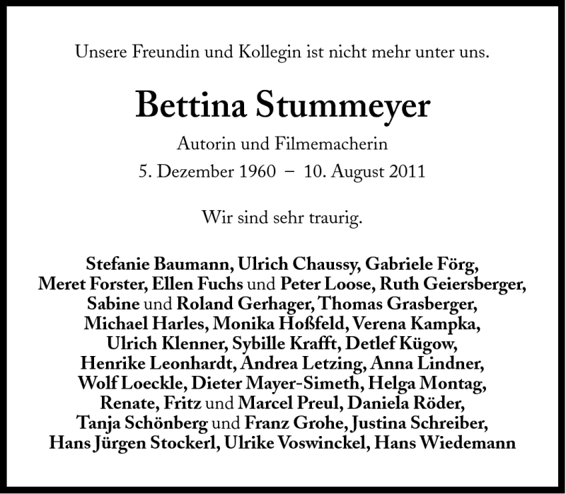  Traueranzeige für Bettina Stummeyer vom 27.08.2011 aus Süddeutsche Zeitung