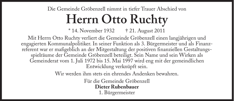  Traueranzeige für Otto Ruchty vom 24.08.2011 aus Süddeutsche Zeitung