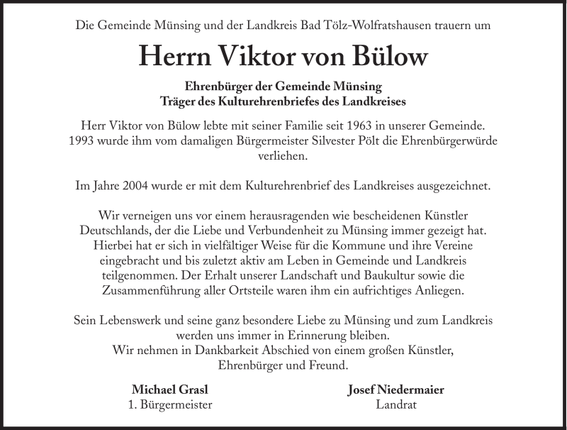  Traueranzeige für Bernhard Viktor Christoph Carl (