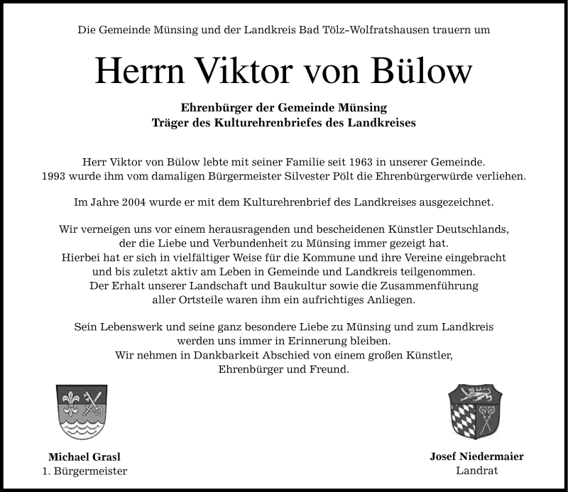  Traueranzeige für Bernhard Viktor Christoph Carl (