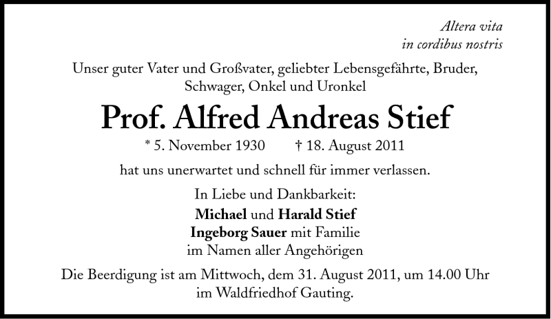 Traueranzeigen von Alfred Andreas Stief Stief SZGedenken.de