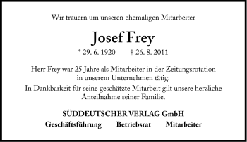 Traueranzeige von Josef Frey von Süddeutsche Zeitung
