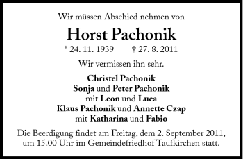 Traueranzeige von Horst Pachonik von Süddeutsche Zeitung