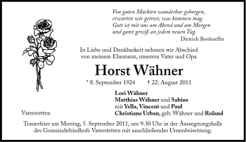Traueranzeige von Horst Wähner von Süddeutsche Zeitung