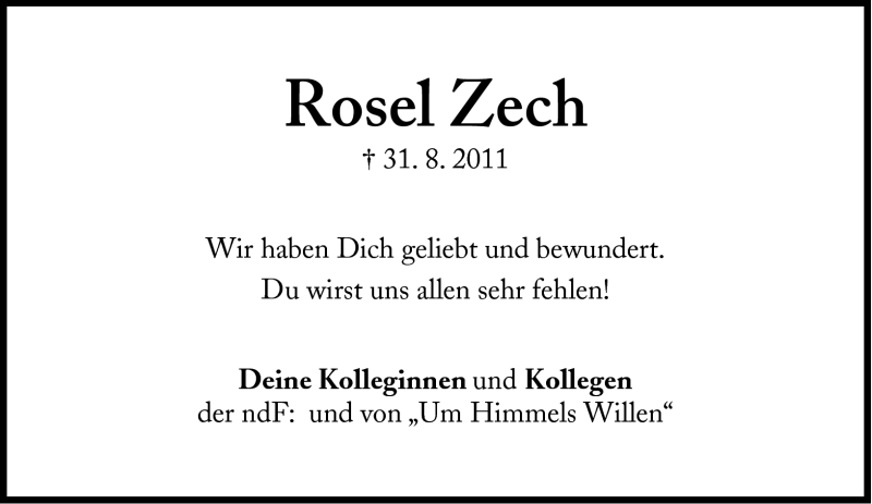  Traueranzeige für Rosel Zech vom 03.09.2011 aus Süddeutsche Zeitung