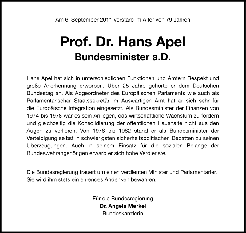  Traueranzeige für Hans Apel vom 10.09.2011 aus Süddeutsche Zeitung