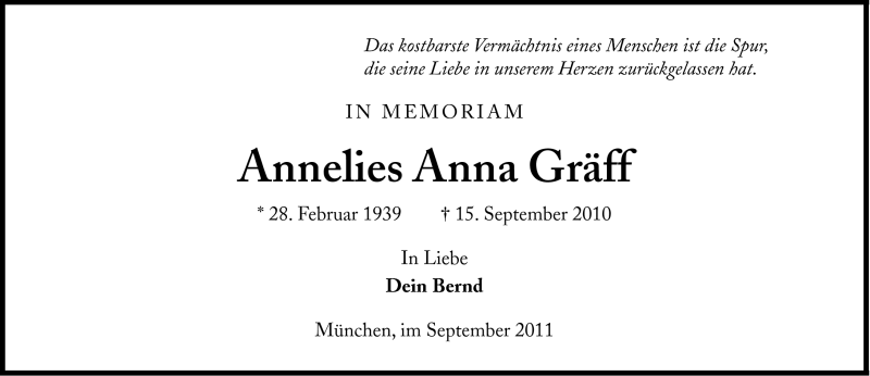  Traueranzeige für Annelies Anna Gräff vom 15.09.2011 aus Süddeutsche Zeitung