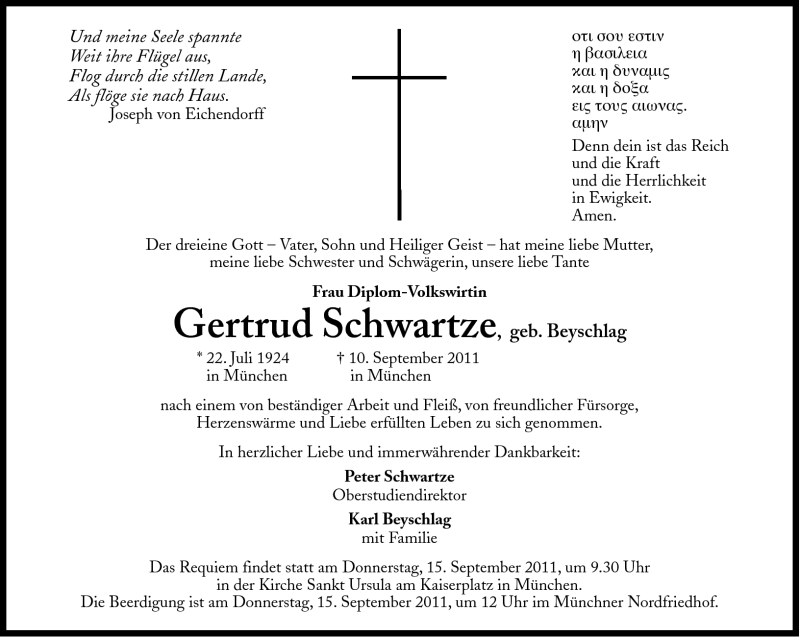  Traueranzeige für Gertrud Schwartze vom 13.09.2011 aus Süddeutsche Zeitung