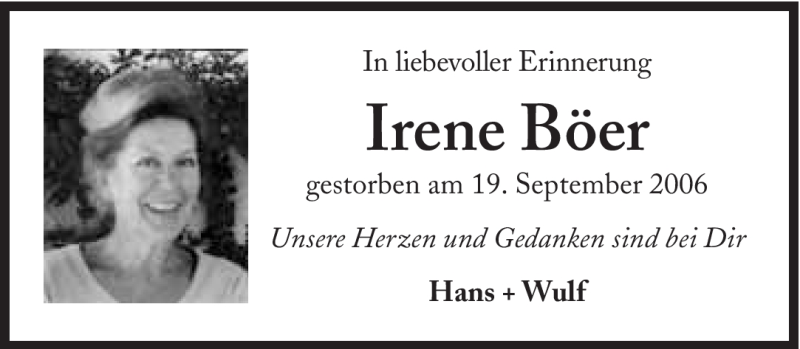  Traueranzeige für Irene Böer vom 19.09.2012 aus Süddeutsche Zeitung