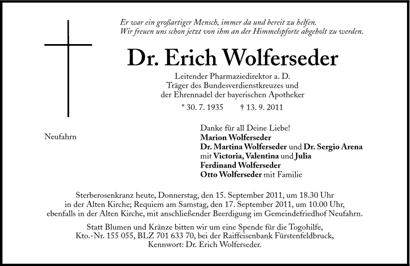  Traueranzeige für Erich Wolferseder vom 15.09.2011 aus Süddeutsche Zeitung