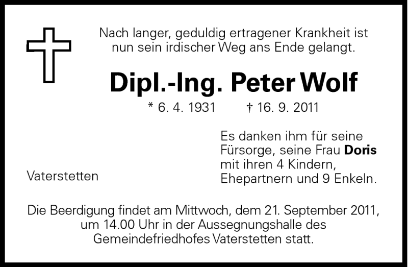  Traueranzeige für Peter Wolf vom 19.09.2011 aus Süddeutsche Zeitung